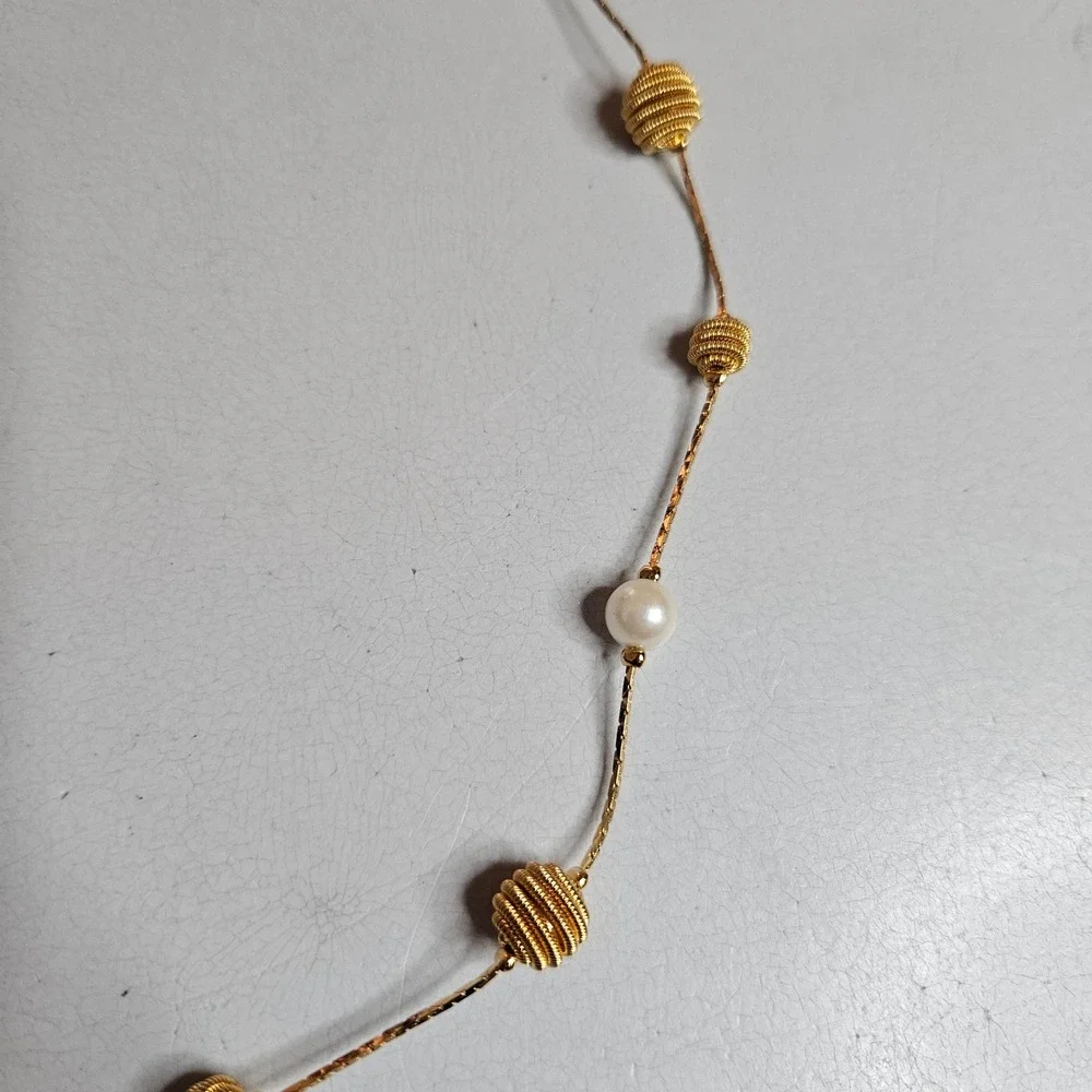 Vintage Trifari Gold‎ Tone Faux Pearl Ribbed Bead Station Necklace 34 Inch Long
